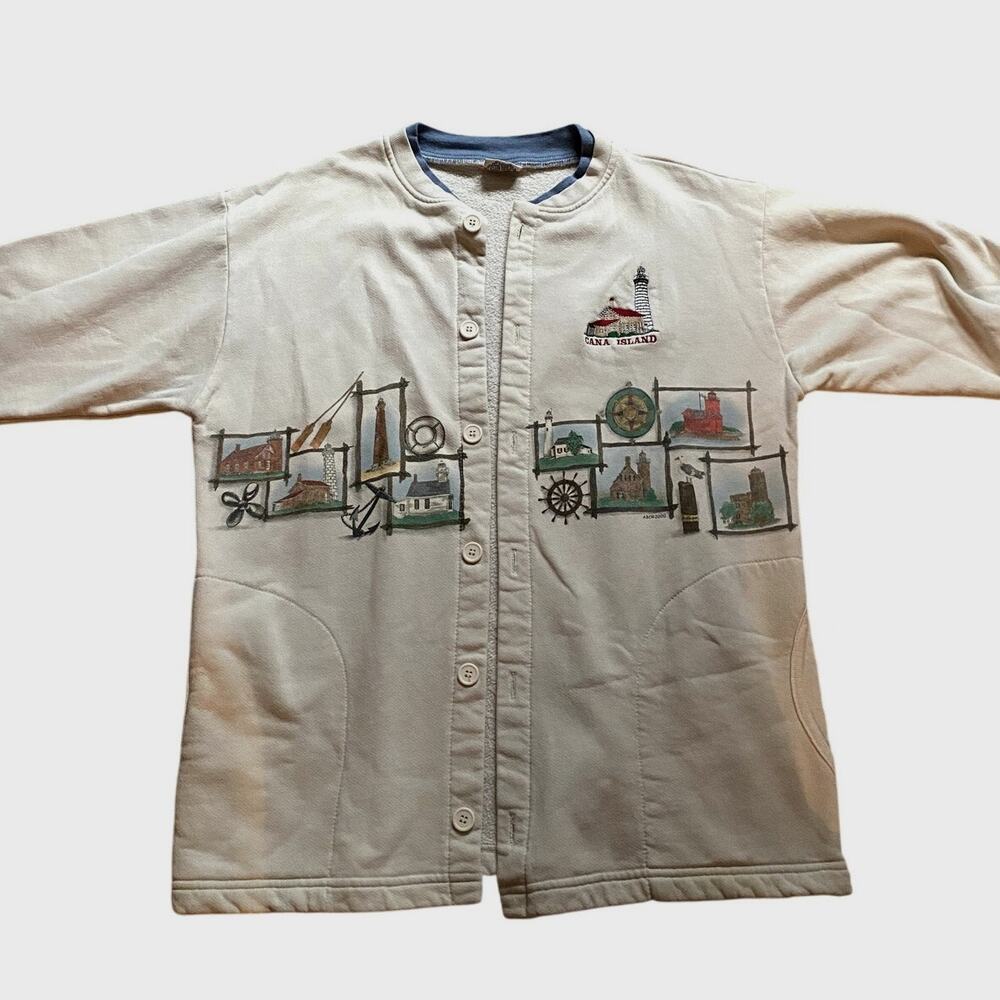 Vintage Embroidered Cana Island Long Sleeve‎ White Button Cardigan Large Coastal